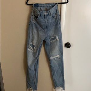 AE Curvy Distressed Light Wash Mom Jeans